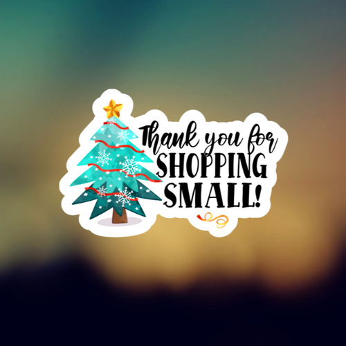 THANK YOU FOR SHOPPING SMALL BLUE CHRISTMAS TREE - PERMANENT ADHESIVE STICKER