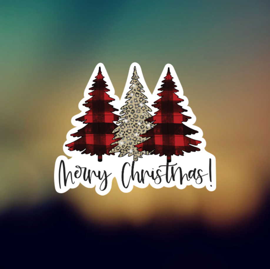 MERRY CHRISTMAS PLAID CHRISTMAS TREES  - PERMANENT ADHESIVE STICKER